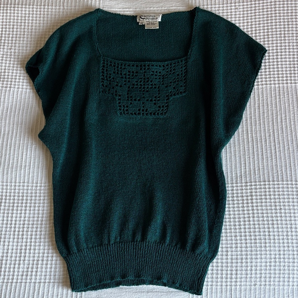 Vintage Campus Casuals Teal Knit Tank with Crochet Yoke